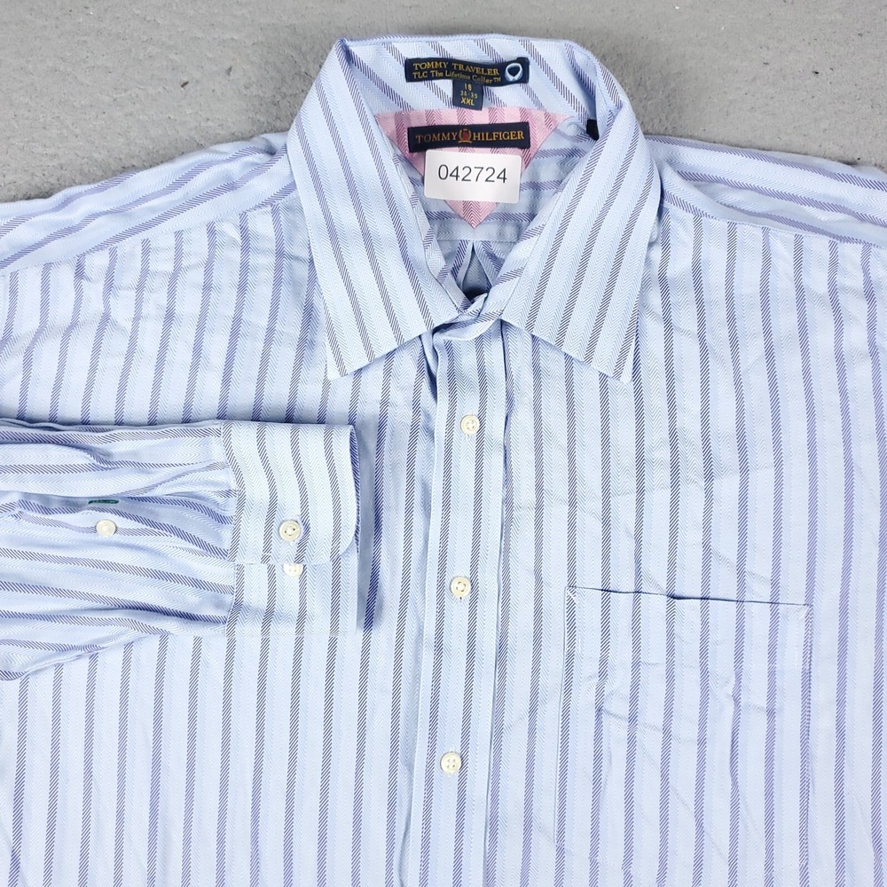 Tommy Hilfiger Mens 2XL Blue Striped Button Up Long Sleeve Shirt Tommy Traveler